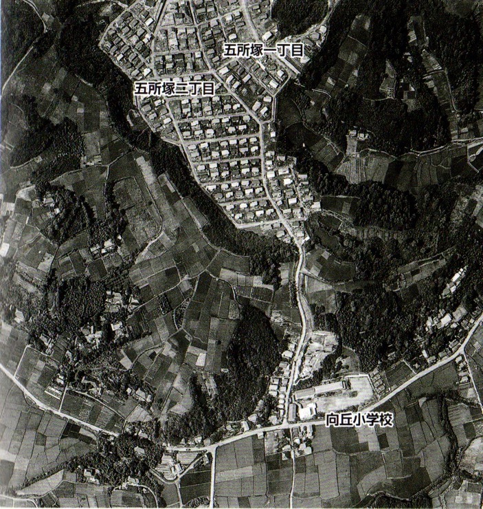 昭和36年頃の五所塚と平地区。写真下中央には向丘小学校が見えるが五所塚だけが住宅地開発されたのがわかる。